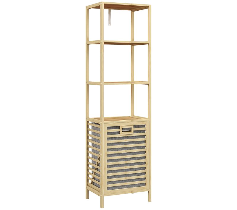 Étagère Salle De Bain 44x33x160 Cm Bambou Naturel, Panier Tissu Inclinable Et Anti-basculement