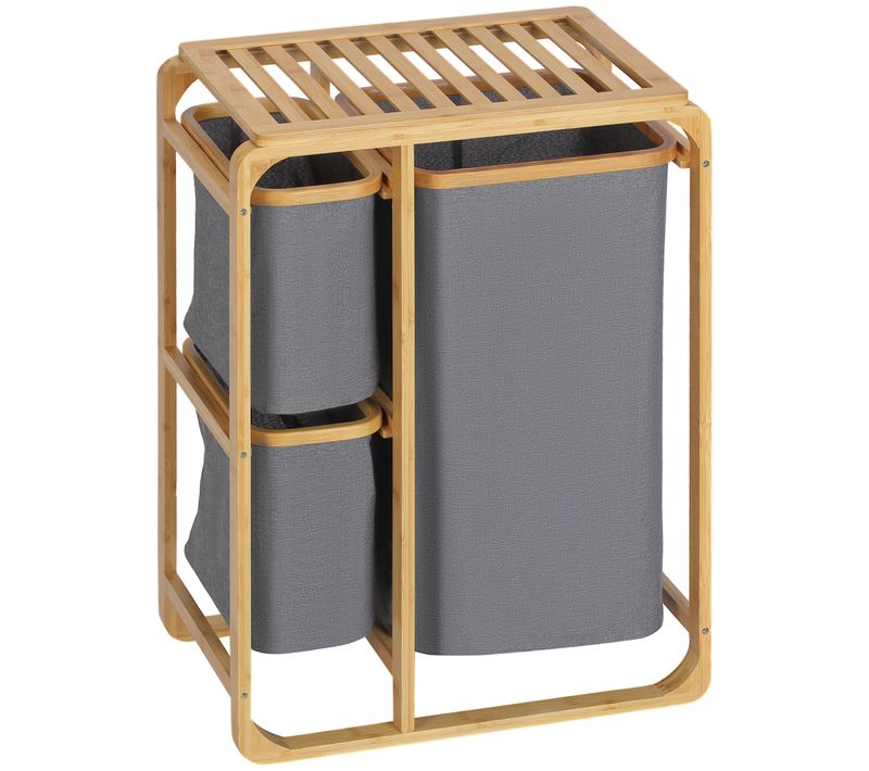 Panier à Linge 50x32x69,7 Cm En Bambou Naturel, 3 Sacs Amovibles, Grand Rangement