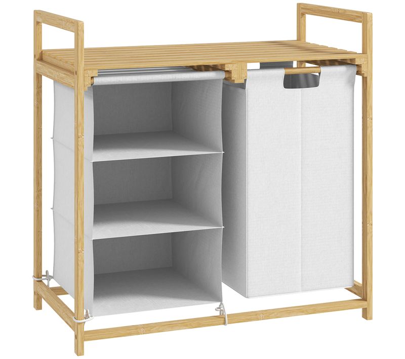 Panier à Linge 70x36x70 Cm En Bambou Blanc, 2 Sacs Amovibles En Tissu, 4 Compartiments