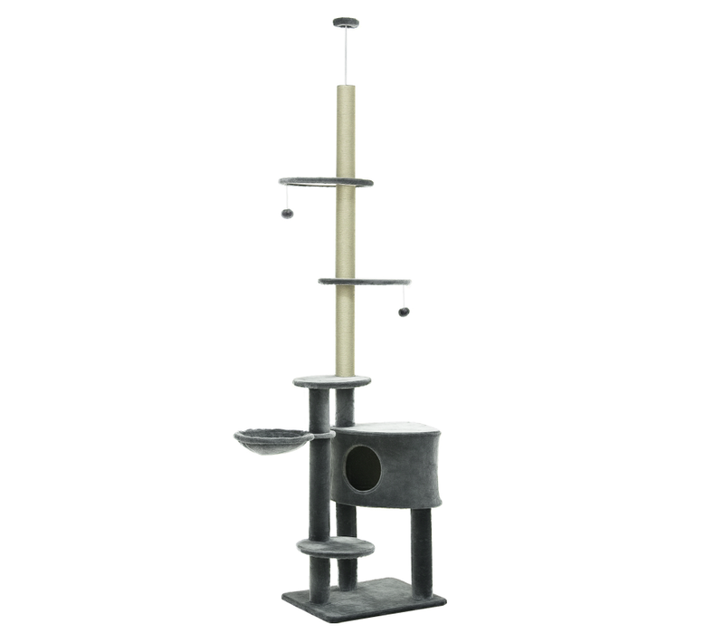 Arbre à Chat Hauteur Plafond 220-265 Cm En Plush Gris Foncé, Grotte, Hamac Et Poteaux En Sisal