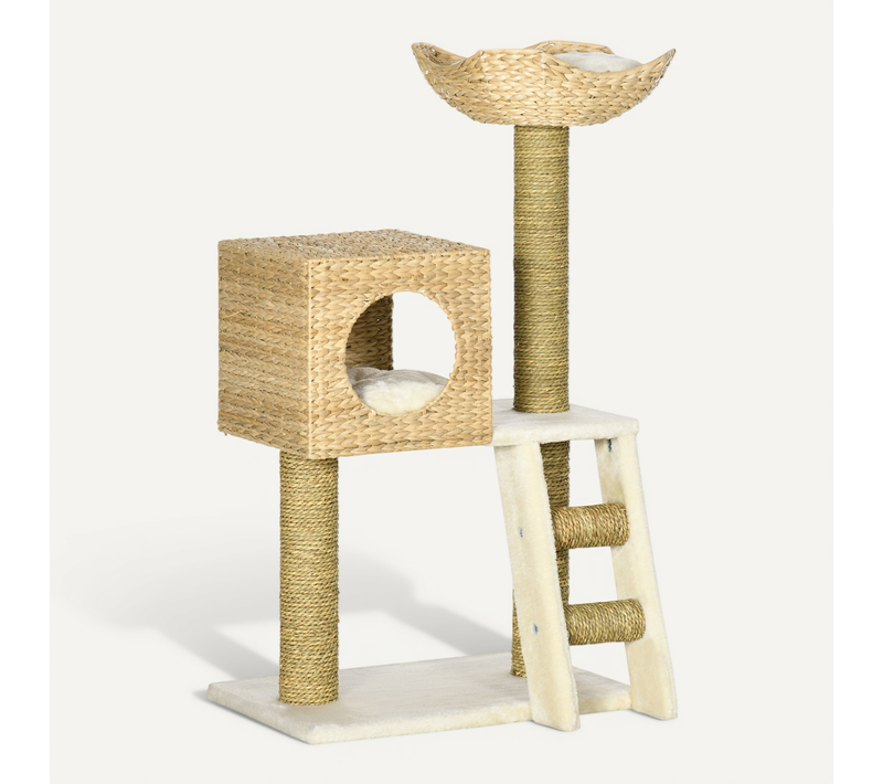 Arbre à Chat 100,5 Cm En Bois Naturel, Maison Et Couchage En Peluche, échelle Et Griffoirs