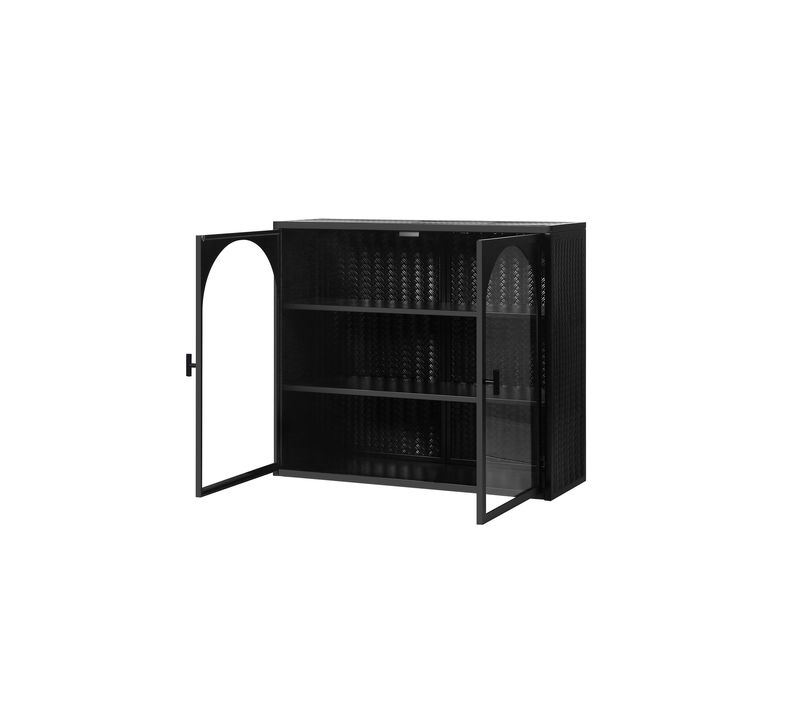Armoire Murale 70x23 Cm En Métal Et Verre Trempé Noir, Motif Tressé, 2 Portes, 3 Étagères