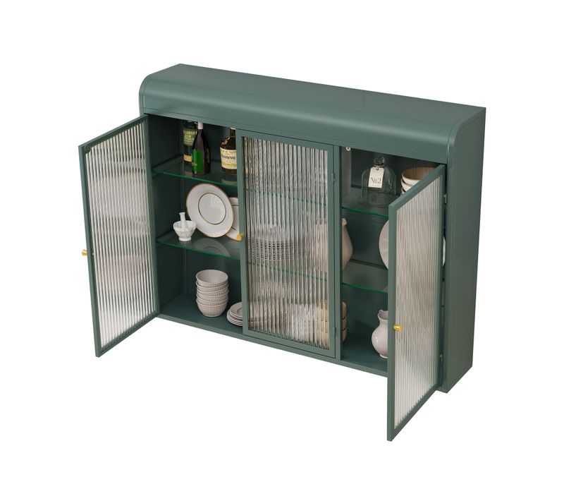 Armoire Murale 3 Portes En Verre Vert Foncé, Design Haut Large / Bas Étroit, Structure Métal