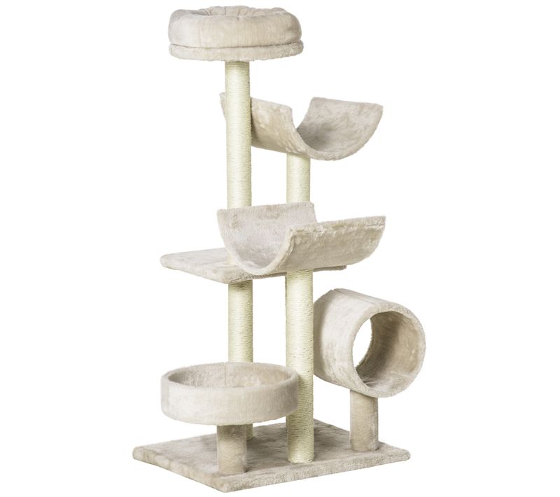 Arbre à Chat 50x40x105 Cm En Peluche Beige, Revêtement Sisal, Tunnel Et Plateformes Ludiques