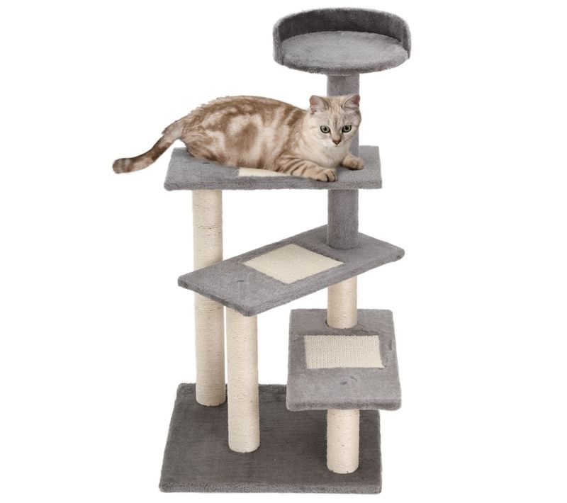 Arbre à Chat 48,5 X 48,5 X 100 Cm En Peluche Beige Et Gris, 3 Marches Et Plate-forme Supérieure