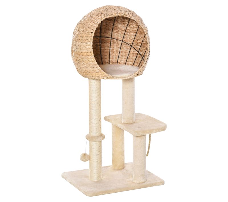 Arbre à Chat Tout-en-un 100 Cm Beige Avec Niche Spacieuse, Poteaux Sisal Et Jouet Boule