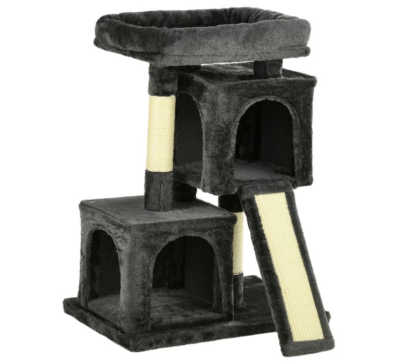 Lit Pour Chat 59x39x83 Cm En Peluche Gris Foncé, Arbre à Griffer Avec Sisal Et Refuge Douillet