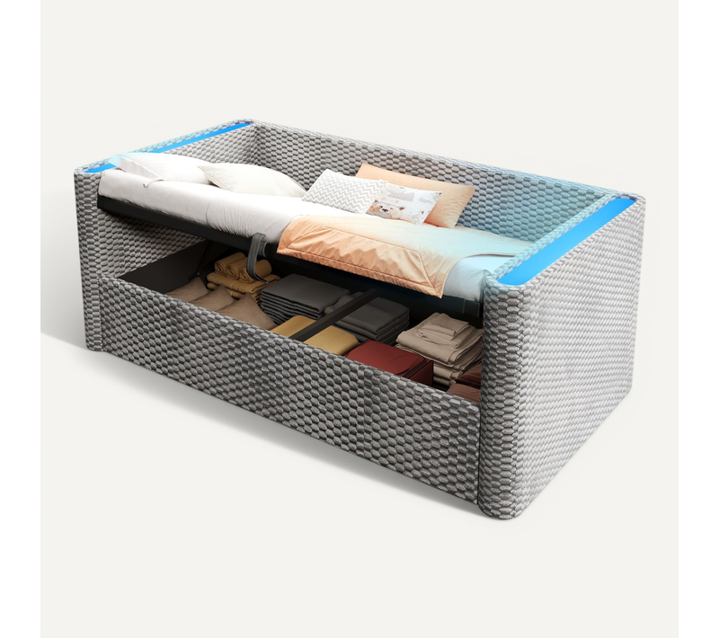 lit enfant  90x200 Cm Avec Coffre Hydraulique Tissu Velours Gris
