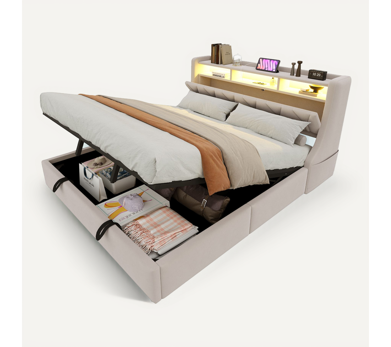 Lit Coffre 180x200 Cm Avec Sommier Relevable Tête De Lit Connectée Beige