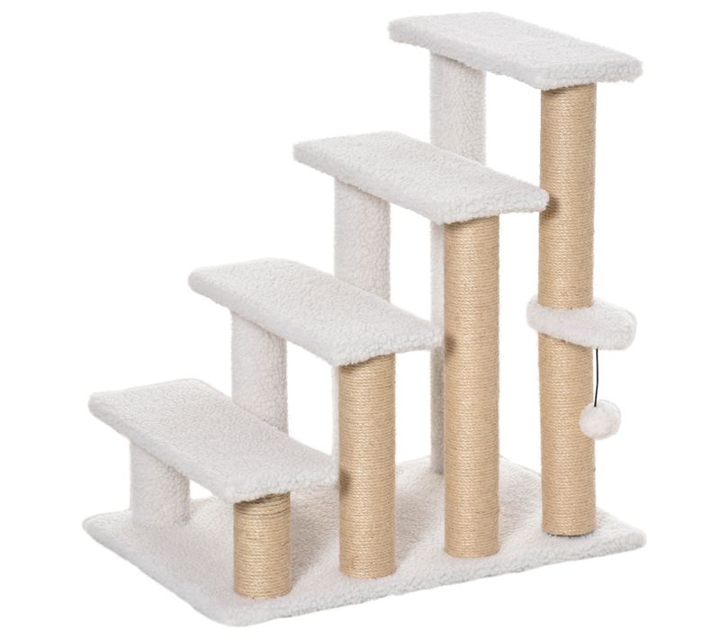 Escalier 4 Marches 60x40x64 Cm En Contreplaqué Blanc, Griffoir En Jute Et Surfaces En Peluche