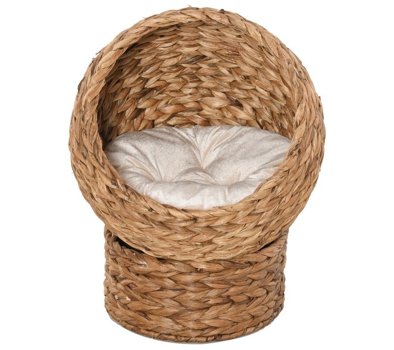 Panier Pour Chat Sur Pied 50 X 42 X 60 Cm En Jacinthe D'eau, Coussin Amovible Lavable