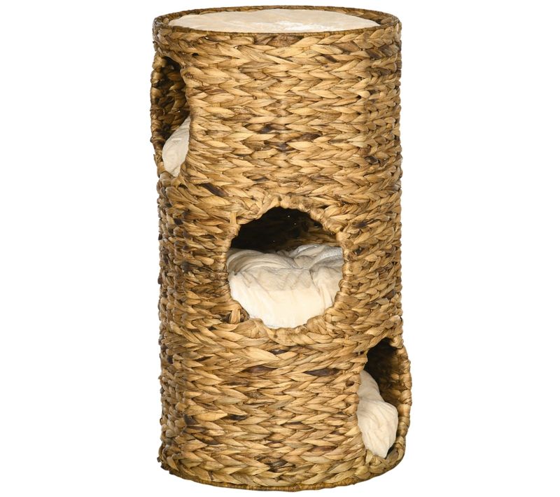 Lit Pour Chat 40 X 73 Cm En Jacinthe D'eau Tressée, 3 Niches Avec Coussins Amovibles