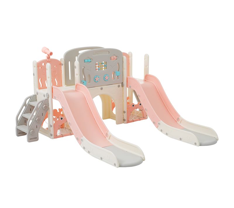 Toboggan 8-en-1 Jeu Intérieur Pour Enfants, Toboggan Double, Tunnel, Panier De Basket, Rose