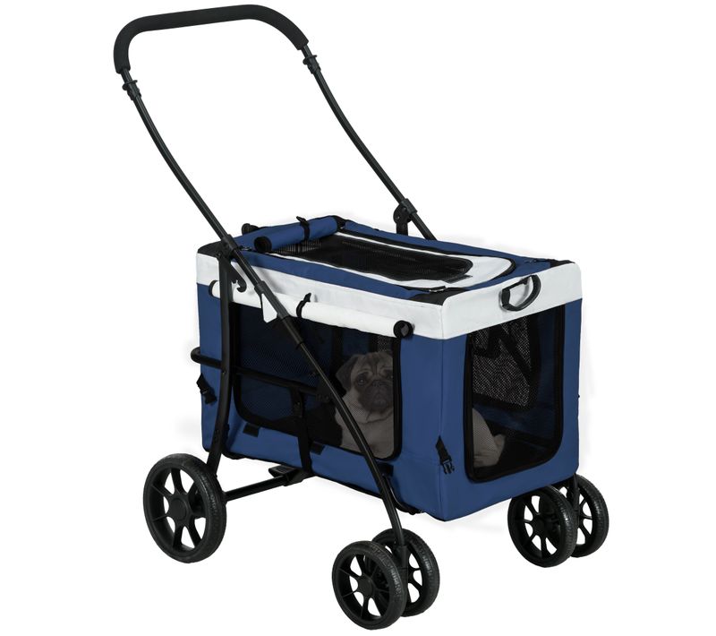 Poussette Pour Chien 81x58x97,5 Cm — Panier Amovible En Polyester Bleu, Pliable Et Ventilée
