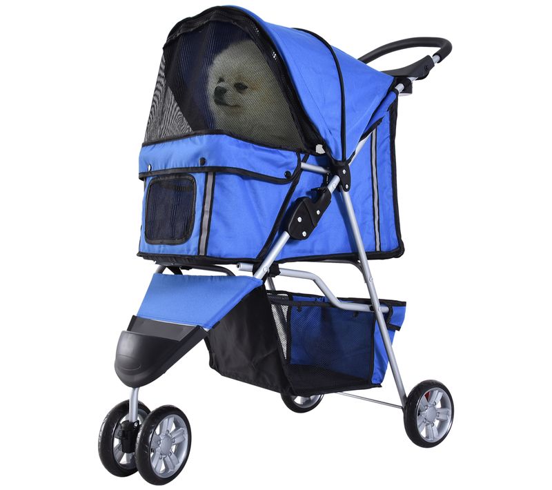 Poussette Pour Animaux 35 Cm, Pliable 2 Fois, Tissu Oxford Bleu Et Filet Anti-insectes