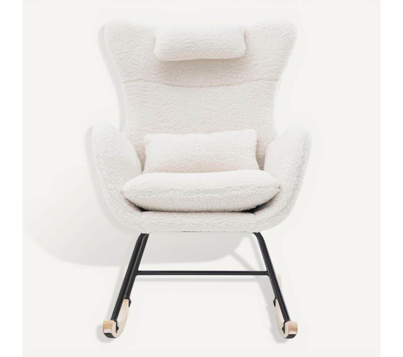 Chaise berçante - Tissu Teddy - Avec accoudoirs, coussin lombaire et lames en bois - Blanc