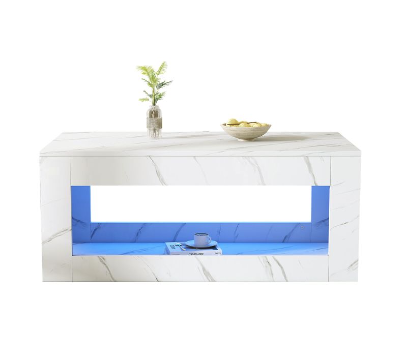 Table Basse Blanche Effet Marbre 100 Cm Avec LED Et Rangement Pour Salon