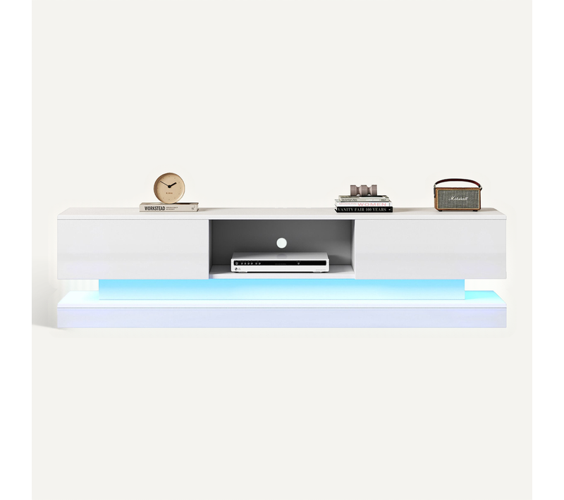 Meuble TV Blanc Laqué 160x35x40 .5cm Avec LED, 2 Tiroirs, App, Anti-basculement, TV 60 "