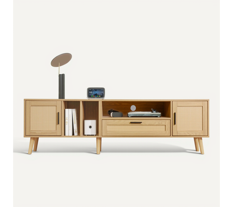 Meuble TV 180 cm, Rattan, 2 Portes + 1 Tiroir, Pieds Bois, Support TV Jusqu’à 80 "