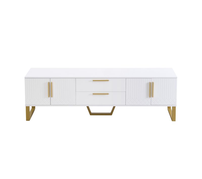 Meuble TV Laqué, Pieds Et Poignées Dorés, Porte Gravée, Élégant Et Fonctionnel Pour Salon