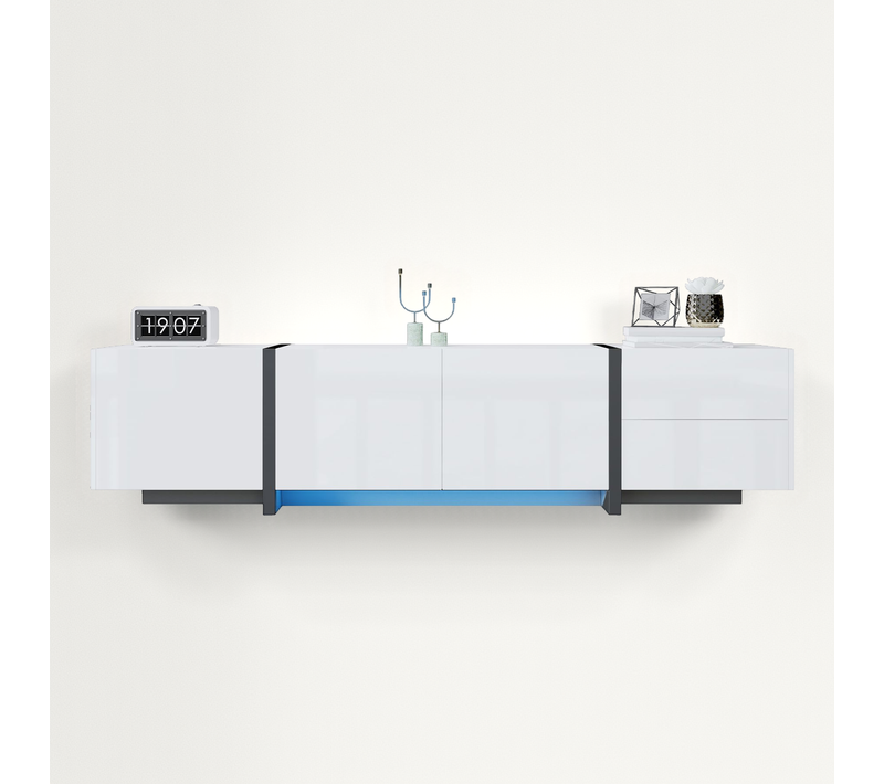 Meuble TV Lowboard, Blanc Laqué Avec Pieds Noirs, Portes Et Tiroirs Simples