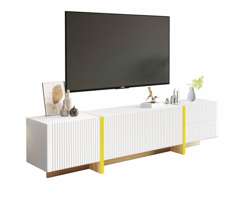 Meuble TV (190 Cm), 3 Portes, 2 Tiroirs, Blanc Avec Accents Dorés Et Effet Bois