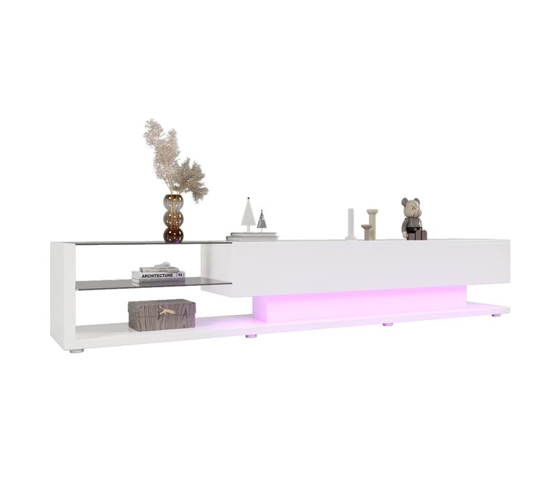 Meuble TV Bas, Verre Laqué Blanc, LED Variable, Style Rustique Et Moderne
