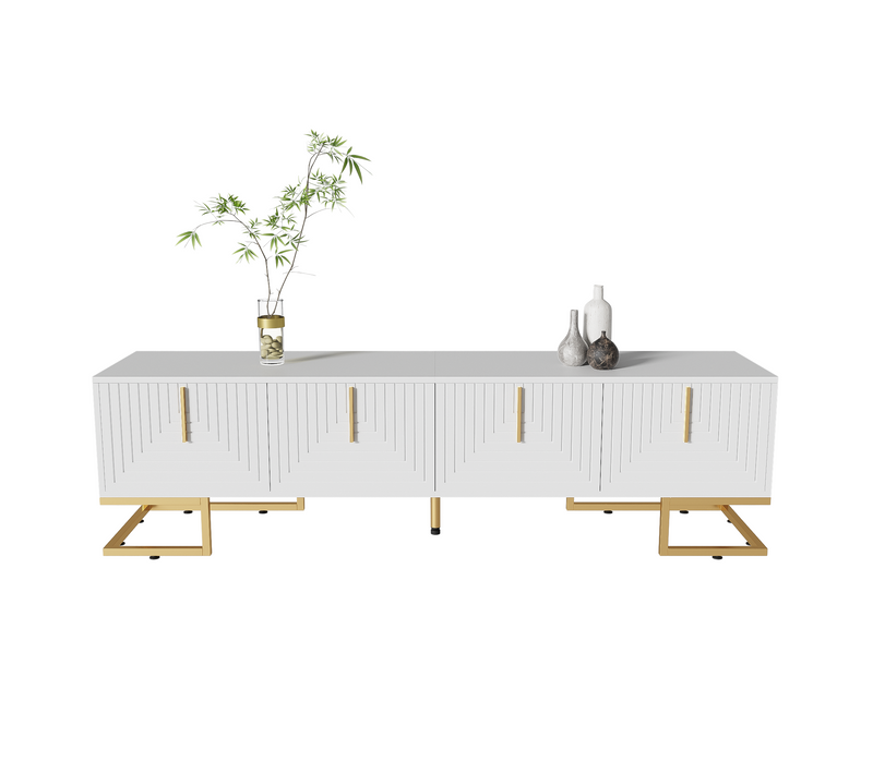Meuble TV Lowboard Avec Porte Texturée, Poignées Et Pieds Dorés
