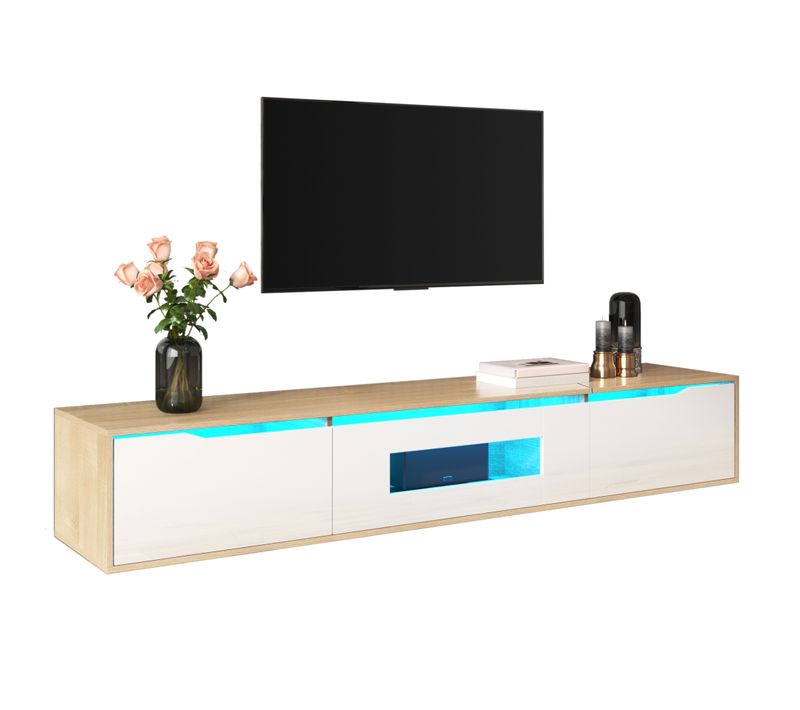 Meuble TV Laqué, Blanc Et Bois, Avec Éclairage LED Changeant De Couleur