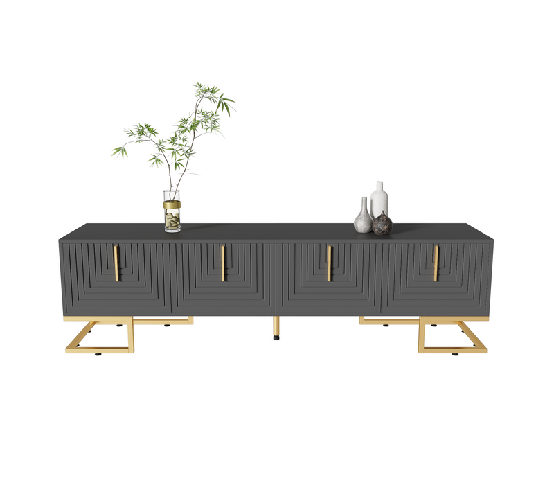 Meuble TV Lowboard Avec Porte Texturée, Poignées Et Pieds Dorés