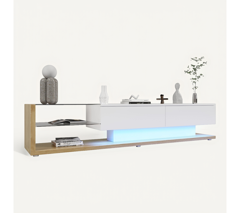 Meuble TV Lowboard,blanc Laqué Et Bois, Séparations En Verre Et LED Variable,style Campagne Moderne