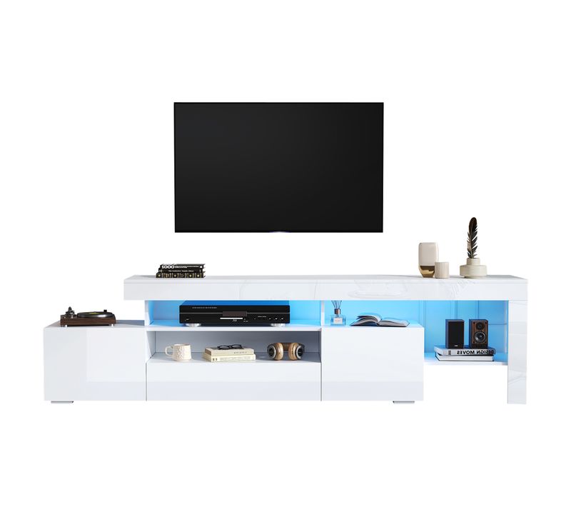 Meuble TV 192x37x53 cm Blanc, 3 Armoires, LED, Lowboard Haute Brillance, TV Jusqu’à 85"