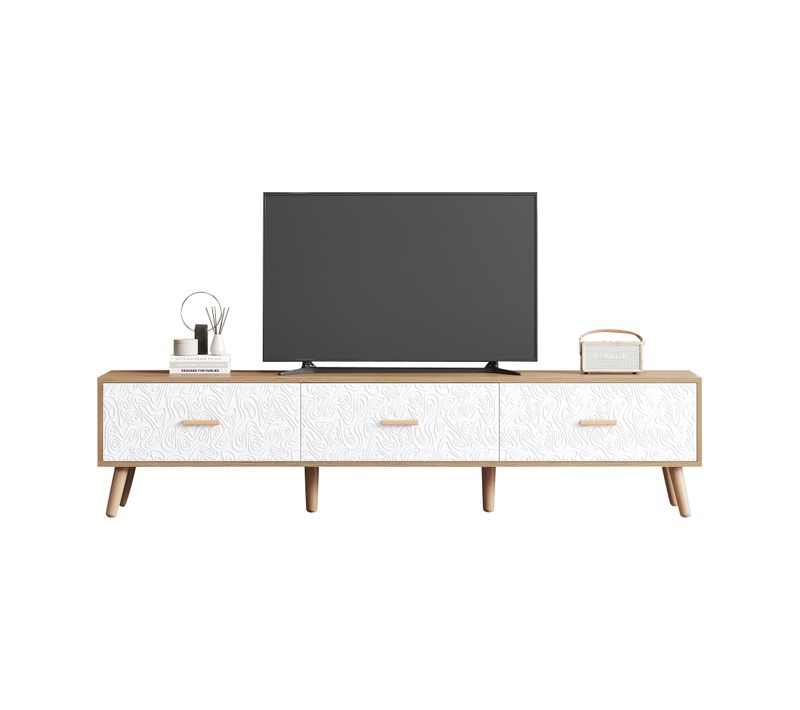 Meuble TV Bas Vintage 150x35x39 cm, Bois Clair Avec Portes Blanches, Pour Salon Et Chambre