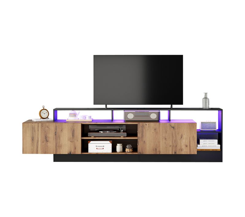 Meuble TV Moderne Bois Avec Cadre Noir Et LED, Pour TV Jusqu’à 70", Salon Et Chambre