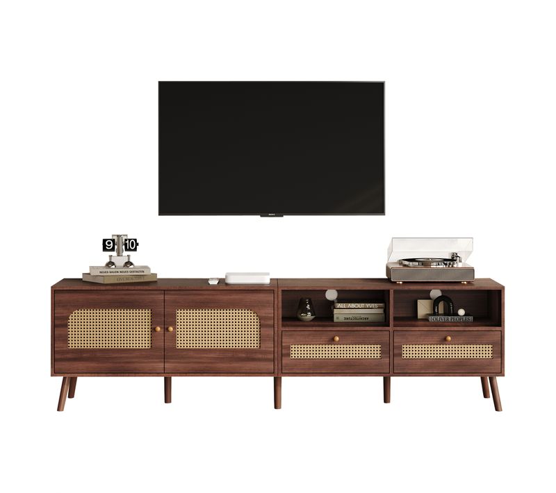 Meuble TV 200x37x49,5 cm Pour TV 80 pouces, 2 Portes Rattan, 2 Tiroirs, Lowboard Moderne