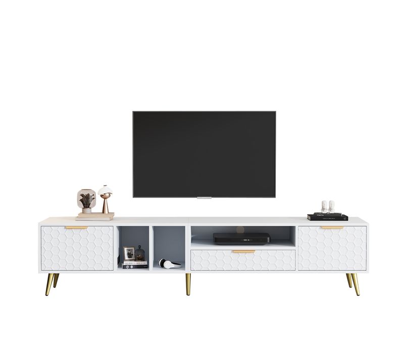 Meuble TV Vertical 180x40x41 cm, Matelassé, Rangement Pratique, Pour TV Jusqu’à 80 pouces, Blanc