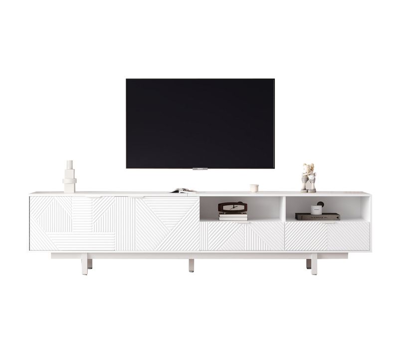 Meuble TV Bohème Moderne, Design Géométrique Blanc, Rangement Minimaliste Pour TV Jusqu’à 90 pouces