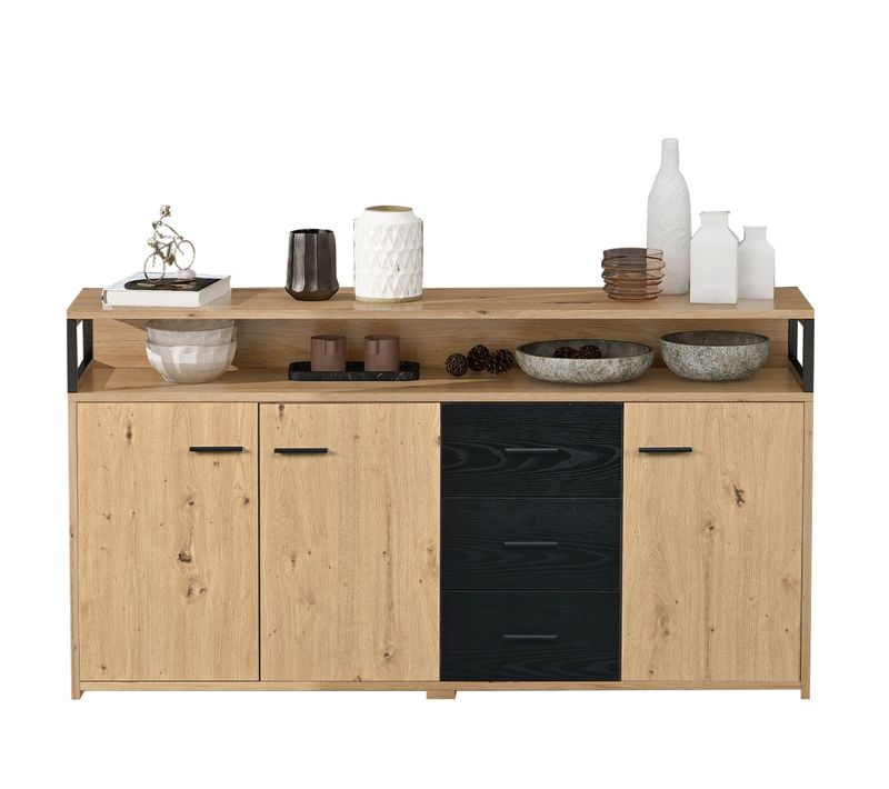 Buffet Industriel 150x35x75,9 Cm Noir Et Bois, 3 Portes Et 3 Tiroirs Avec Étagères Réglables