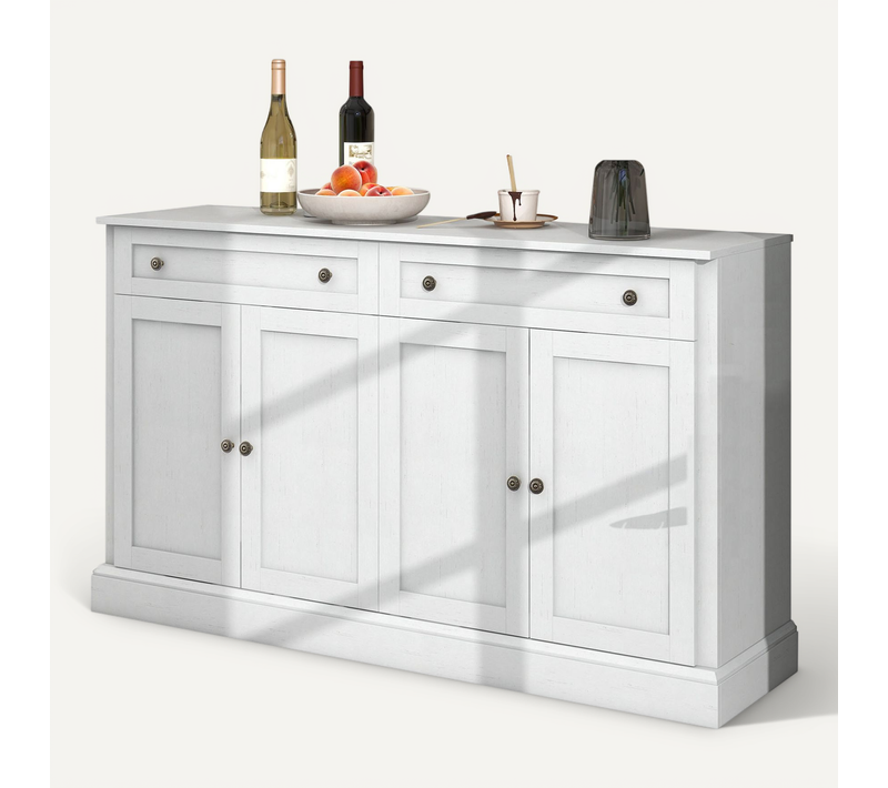 Buffet 4 Portes 2 Tiroirs 150x40x86 Cm Blanc Antique, Plateau Bois Naturel, Style Rétro-moderne