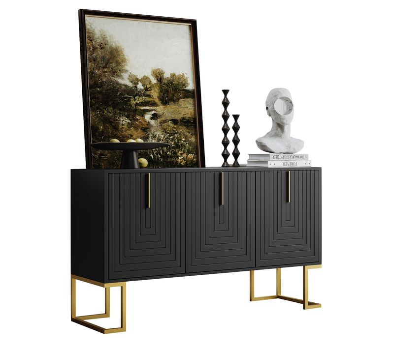 Buffet 3 Portes Noir En Mdf Avec Base Métal En L Et Poignées Dorées – Rangement Modulable