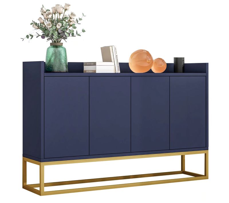 Buffet 120x30x80 Cm Bleu Marine Sans Poignée, 4 Portes, Cadre Métal, Style Minimaliste