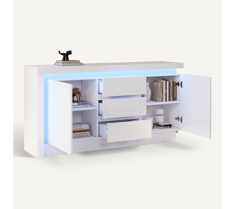 Buffet 140x35x72 Cm, 3 Tiroirs, 2 Portes, LED, Laqué Blanc, Pour Salon Et Chambre.