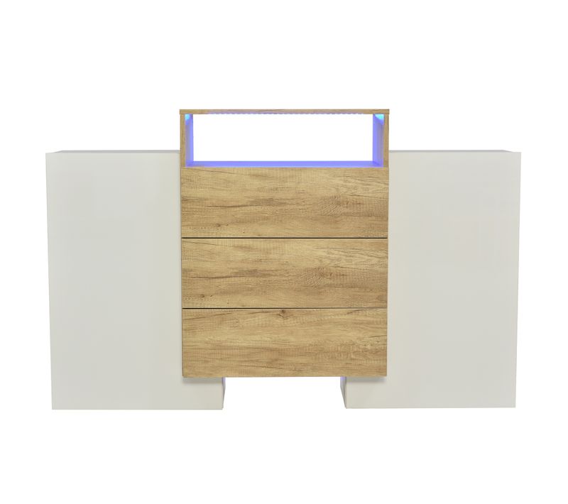 Commode Moderne De 140 Cm, Blanc Brillant/bois, Éclairage LED, Rangement Élégant