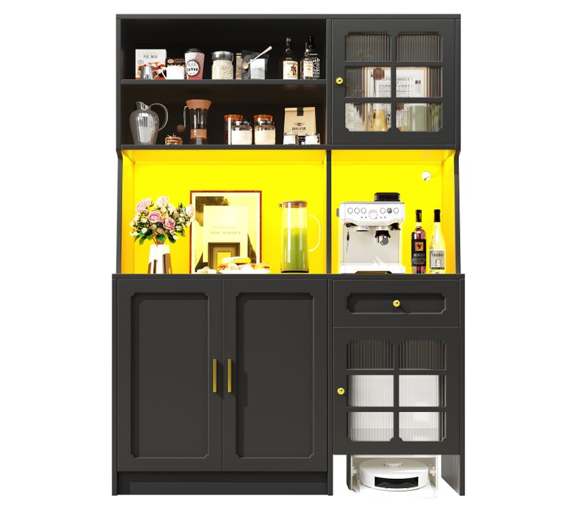 Armoire Haute Noire Avec Portes Vitrées Et LED, 130x45x180 Cm, Pour Cuisine Ou Salon.