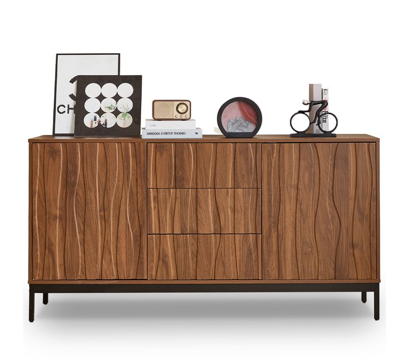 Buffet  (150 Cm) Chêne Foncé, 3 Tiroirs, Design Mid-century Modern, Pour Cuisine, Salon Ou Entrée