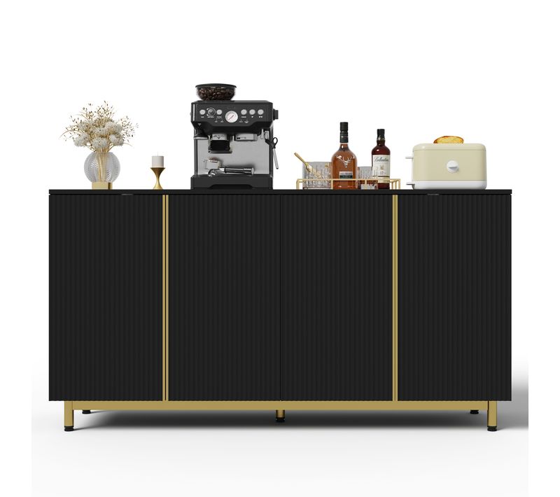 Buffet  (150 Cm), Buffet Avec Portes Ondulées, Noir, Pour Salle à Manger Et Cuisine