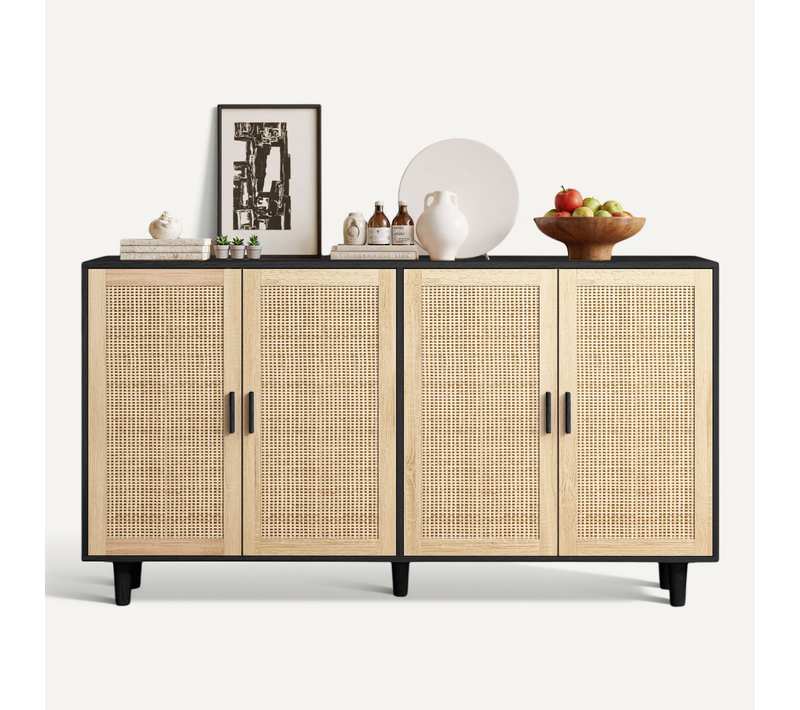 Armoire De Buffet 4 Portes En Rotin, élégante Et Fonctionnelle,158 Cm, Noir, Pour Salon,chambre