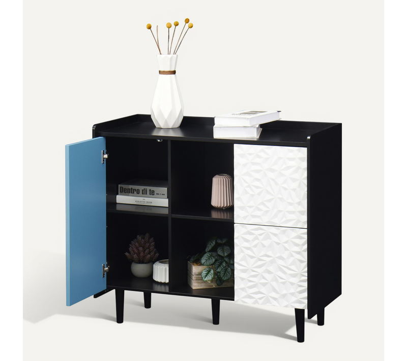 Buffet Noir Avec Portes Bleues,2 Tiroirs,2 Compartiments Ouverts,pour Cuisine Et Salle à Manger