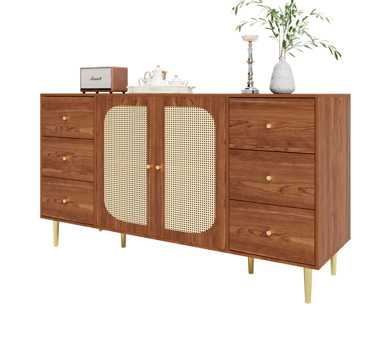Buffet En Rotin Avec Tiroir,meuble De Rangement En Bois,160x40x90cm,brun,pour Cuisine Et Salon