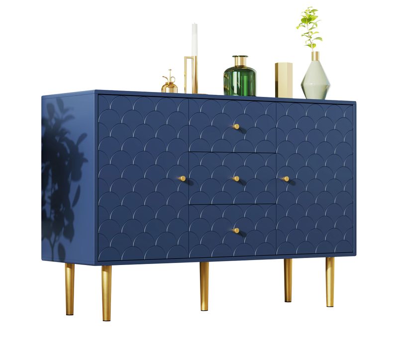 Buffet Bleue Moderne Avec 2 Portes,3 Tiroirs Et Étagère Réglable,pour Salon Ou Chambre,120x40x83cm